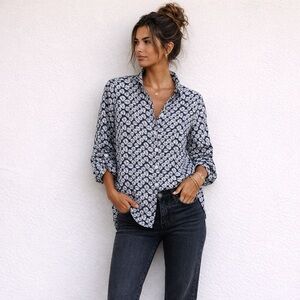 John + Mark Blue and White Button Down Linen Shirt, Japanese Shibori Pattern